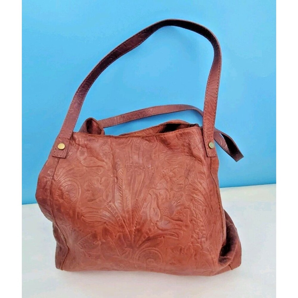 American Leather Co Tooled Leather Shoulder Bag Handbag Brown Floral Paisley